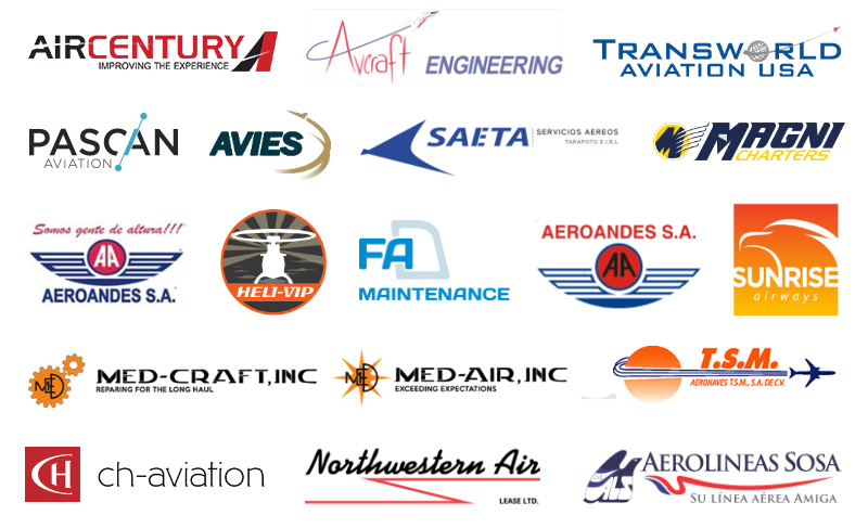 Customer logos: Air Century, Avcraft Engineering, Transworld Aviation USA, Pascan Aviation, Avies, SAETA, Magni, Aeroandes S.A., Heli-VIP, FA Maintenance, Sunrise Airways, Med-Craft Inc, Med-Air Inc, T.S.M., ch-aviation, Northwestern Air, Aerolineas Sosa